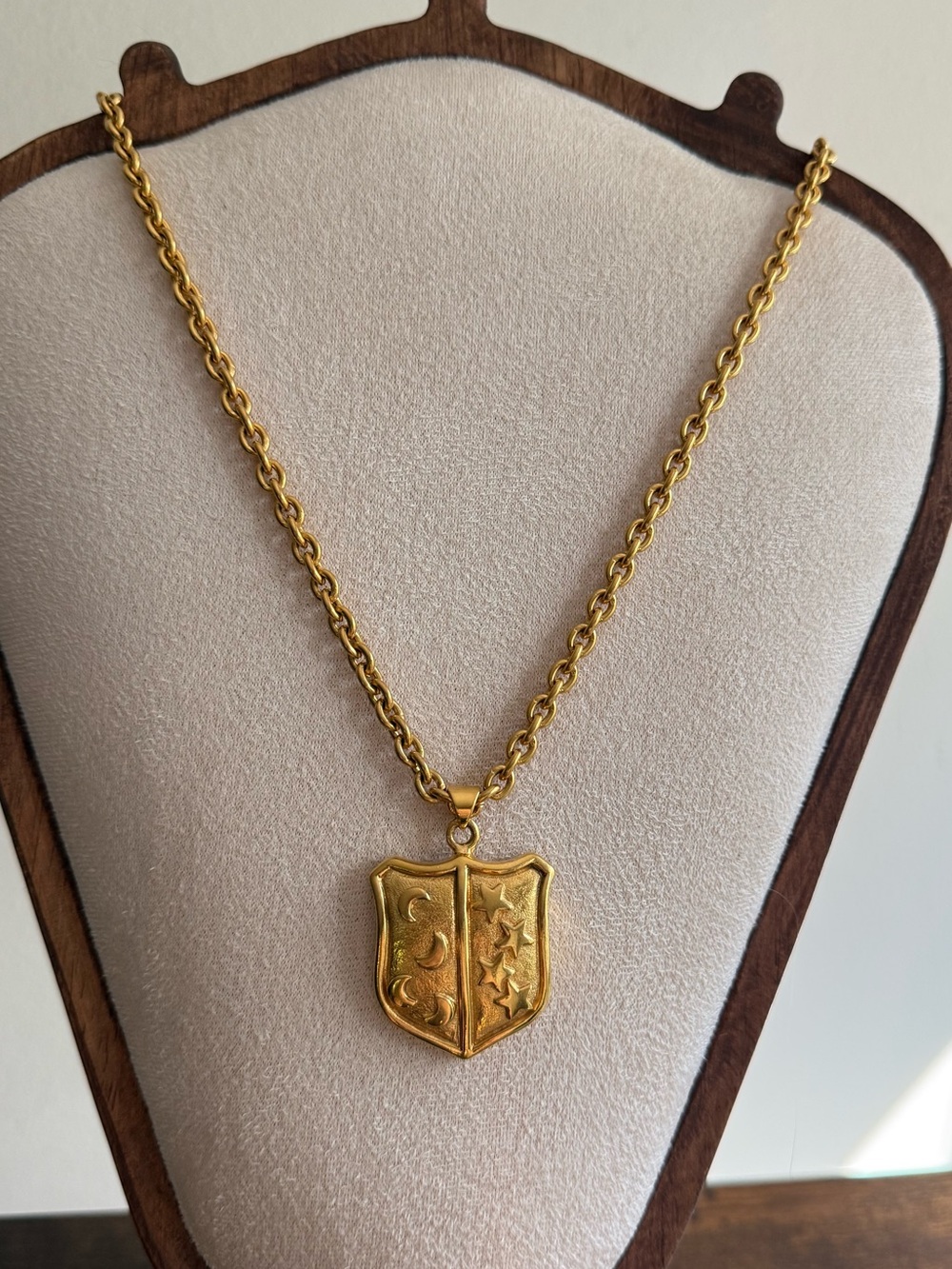 Celine Gold Shield Pendant Necklace with Moon & Star